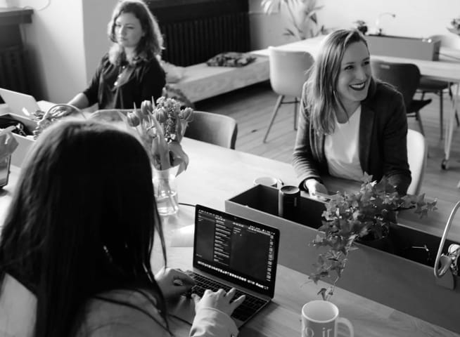 People sitting on long table using laptops